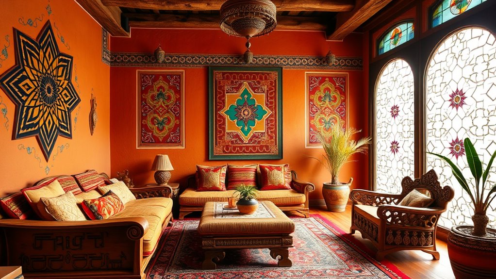 earthy tones with symbolic motifs