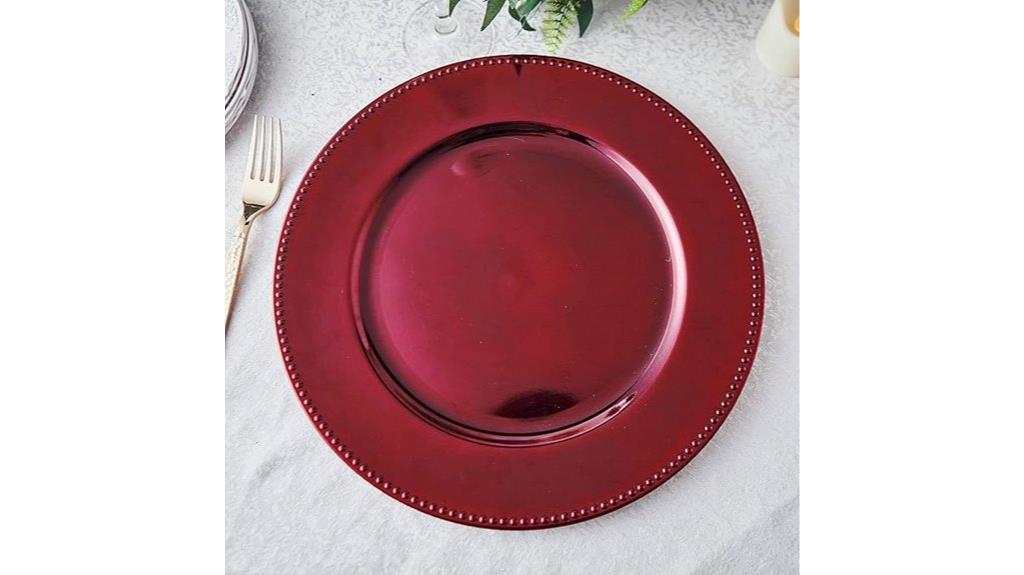 six burgundy beaded chargers