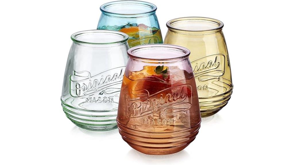 assorted colored stemless glasses