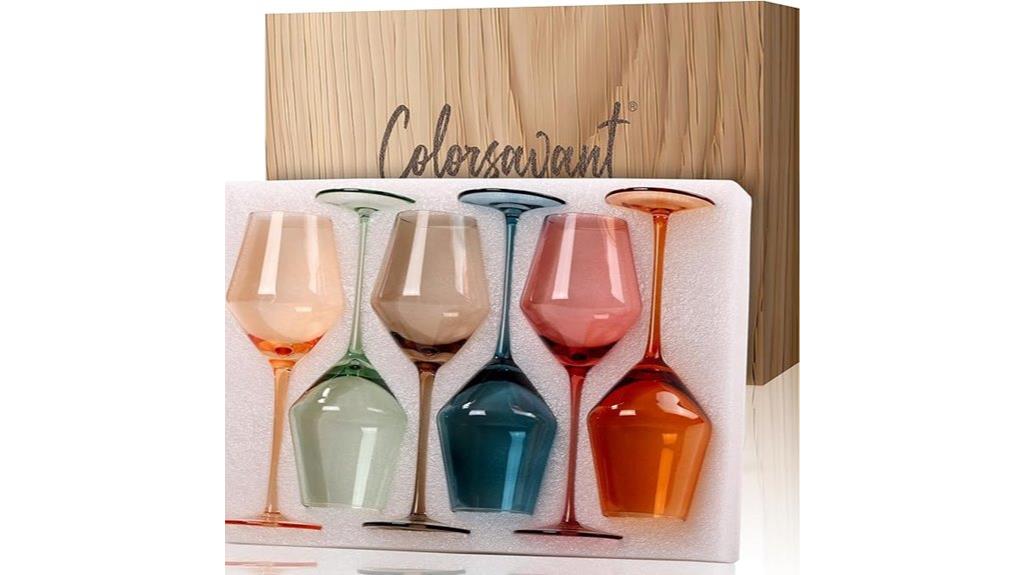set of six colorful wine glasses