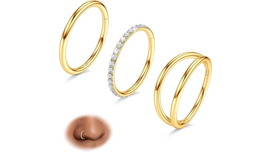 three surgical steel nose rings