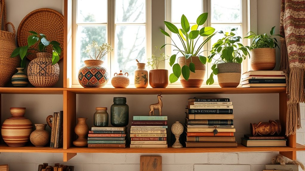 boho chic shelf styling