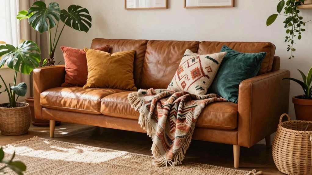 boho leather sofa styling