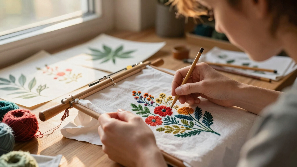 embroidered flowers bloom from botanical-dyed threads and digital algorithms