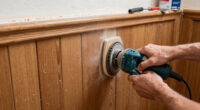 A Basically All-Wood Paneled '70s Bathroom Got an Americana Folk Makeover