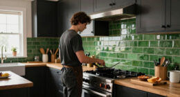 Black, Bold Cabinets and Dramatic Green Tiles Refresh This 2000s Kitchen