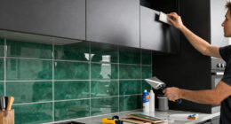 Black, Bold Cabinets and Dramatic Green Tiles Refresh This 2000s Kitchen