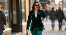 Anne Hathaway Embraces This Season’s Electric Teal In A Luxurious Velvet Set